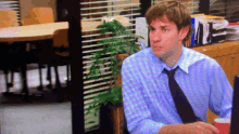 a man in a blue plaid shirt and tie is sitting at a desk in front of a computer .