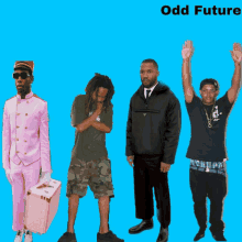 odd future 's album cover shows four men standing next to each other on a blue background