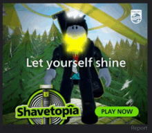 an advertisement for shavetopia shows a man holding a shaver