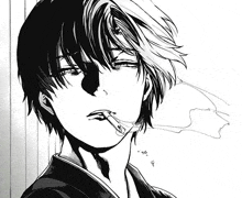 a black and white drawing of a young man smoking a cigarette