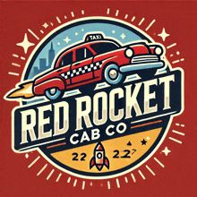 a logo for red rocket cab co. with a red taxi