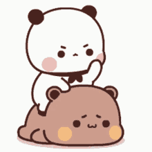 a cartoon panda bear is sitting on top of another bear .