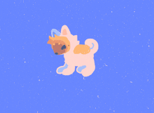 a drawing of a dog with wings and a crown on its head on a blue background