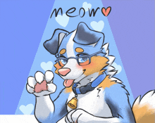 a drawing of a dog with glasses and the word meow written on the bottom