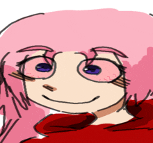 a drawing of a girl with pink hair and a red shirt