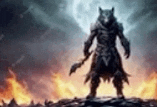 a werewolf is standing in front of a fire with a sword in his hand .