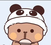 a cartoon bear wearing a panda hat is eating something