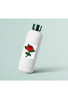 a white water bottle with a sticker of a red rose on it