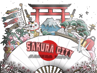 an illustration of sakura city with a fan and a torii gate