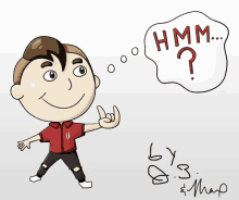 a cartoon of a boy with a speech bubble that says hmm