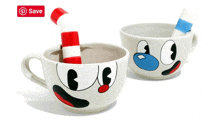 two cuphead mugs with a red and white striped straw and a blue and white spoon