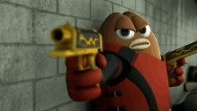 a cartoon character is pointing a gun at the camera with a brick wall in the background