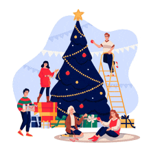 a group of people decorating a large christmas tree