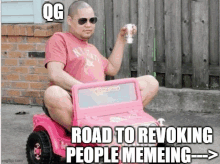 a bald man is sitting in a pink toy car holding a can of beer .