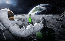 an astronaut is sitting on the moon holding a beer