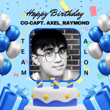 a birthday card for co-capt. axel raymond with a cake and balloons