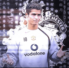 a man wearing a white vodafone jersey stands in front of a wall of chinese characters