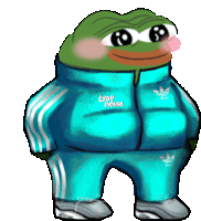 a cartoon frog wearing a blue jacket that says trap house on it