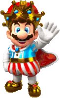 a cartoon character wearing a crown and striped shorts