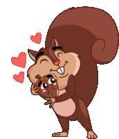 a cartoon of a squirrel hugging another squirrel with hearts in the background