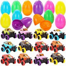 there are many different types of toy cars and eggs in this set .