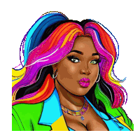 a woman with rainbow hair is wearing a green jacket