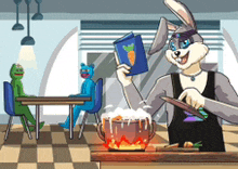 a cartoon rabbit is cooking in a kitchen while holding a cookbook