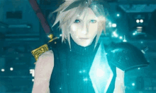 a close up of a video game character with a sword and a blue light coming out of his chest .