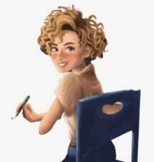 a girl with curly hair is sitting in a blue chair holding a pencil