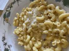 a plate of macaroni and cheese with a floral design