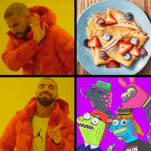 a man in an orange jacket is next to a plate of pancakes with strawberries