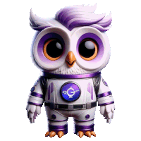 a white and purple owl wearing a purple space suit with the letter g on it