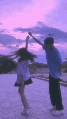 a boy and a girl are dancing in front of a purple sky with the words " me " and " axel " on the bottom