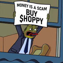 a cartoon character holds up a sign that says money is a scam buy shoppy