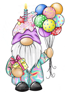 a birthday gnome with balloons and a gift