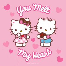 a hello kitty poster with hearts and the words you meet my heart