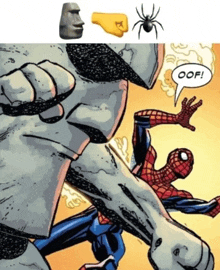 a comic book drawing of spider-man and a speech bubble saying oof