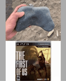 a person holding a rock next to a playstation game called the first of us