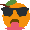 an orange with sunglasses and a mustache is making a funny face with its tongue out .