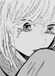 a black and white drawing of a girl with tears in her eyes .