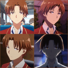 a collage of four different images of a boy with red hair