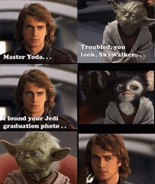 a picture of a man with a yoda mask and a picture of a man with a gremlins face