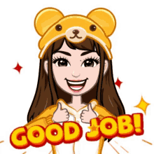 a cartoon girl wearing a teddy bear hat is giving a thumbs up and saying good job