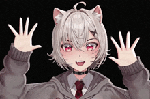 a girl with white hair and red eyes is wearing a cat ear hoodie and tie