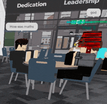 a group of people are sitting at a table in front of a building that says dedication and leadership