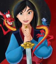 a cartoon of mulan holding a sword with a dragon in the background