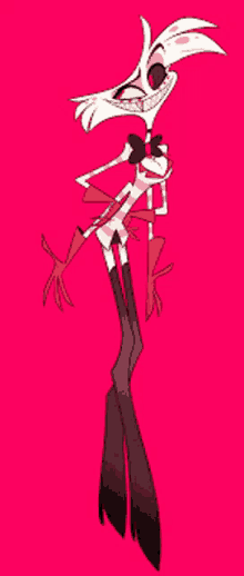 a cartoon character with long legs and a bow tie on a red background