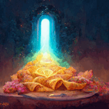 a painting of a tunnel with a light coming out of it and flowers