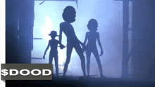 three silhouettes of people are standing next to a sign that says dood