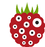 a red raspberry with white circles and black spots on it